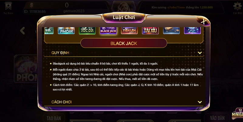 Trong một ván Blackjack, có các hành động cược sau: